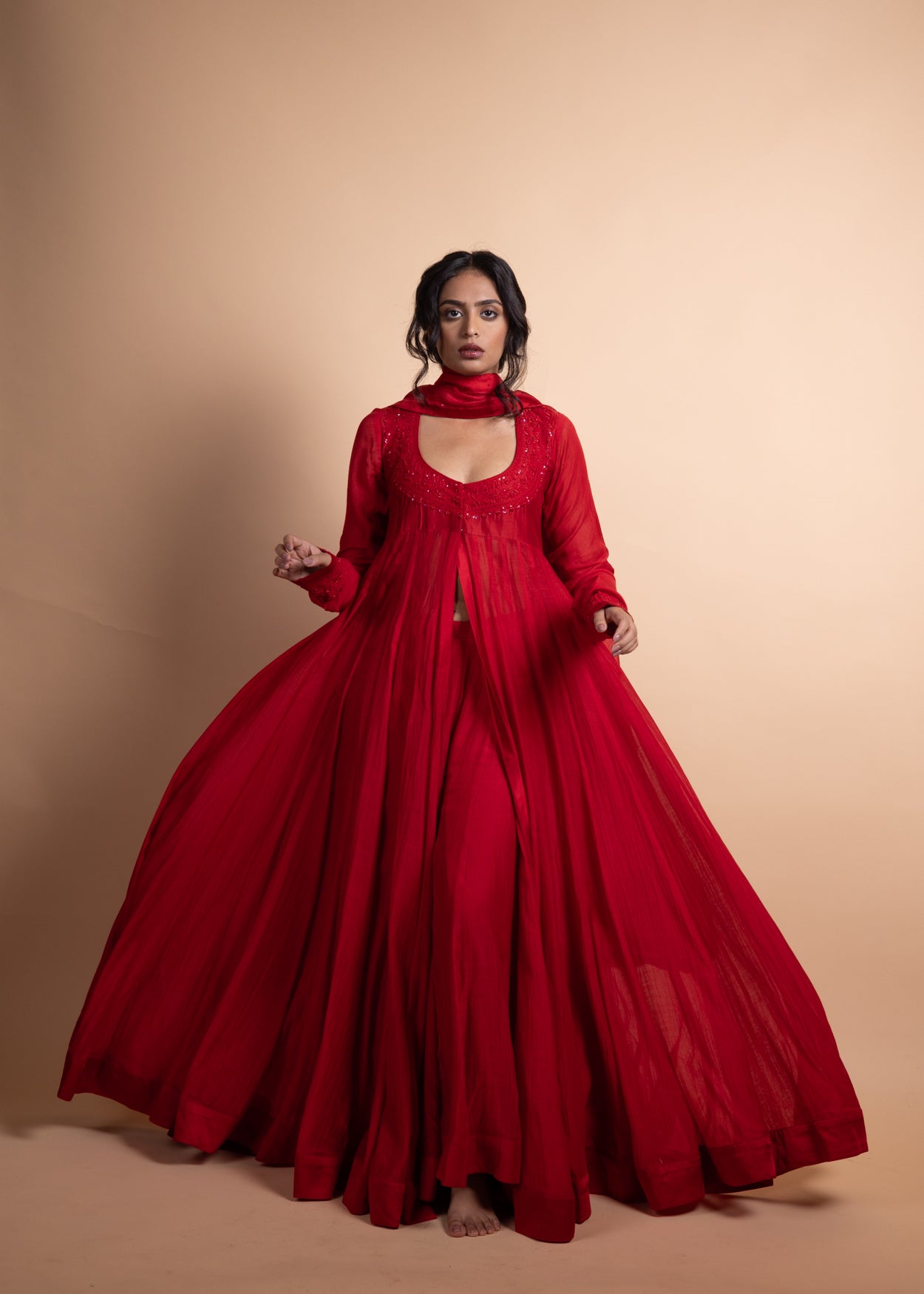 Tisha - Red Chanderi Anarkali Suit Set with Soft Shantoon Lining, Adorned with Exquisite Ari-Zardozi Embroidery and Finished with Poly Satin Facing