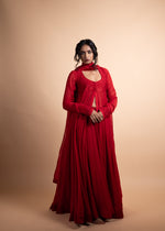 Load image into Gallery viewer, Tisha - Red Chanderi Anarkali Suit Set with Soft Shantoon Lining, Adorned with Exquisite Ari-Zardozi Embroidery and Finished with Poly Satin Facing
