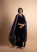 Load image into Gallery viewer, Mahira - Deep Purple Velvet Straight Suit Set with Poly Satin Facing, Paired with a Graceful Silk Dupatta, Featuring Exquisite Ari-Zardozi Embroidery
