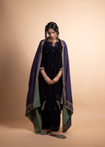 Load image into Gallery viewer, Mahira - Deep Purple Velvet Straight Suit Set with Poly Satin Facing, Paired with a Graceful Silk Dupatta, Featuring Exquisite Ari-Zardozi Embroidery
