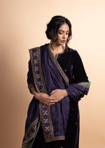 Load image into Gallery viewer, Mahira - Deep Purple Velvet Straight Suit Set with Poly Satin Facing, Paired with a Graceful Silk Dupatta, Featuring Exquisite Ari-Zardozi Embroidery
