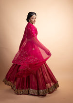 Load image into Gallery viewer, Aanya- Hot Pink Chanderi Silk Blouse and Tonal Lehenga Paired with organza silk Dupatta in Handcrafted in Ari-Zardosi Embroidery and Gota Appliques
