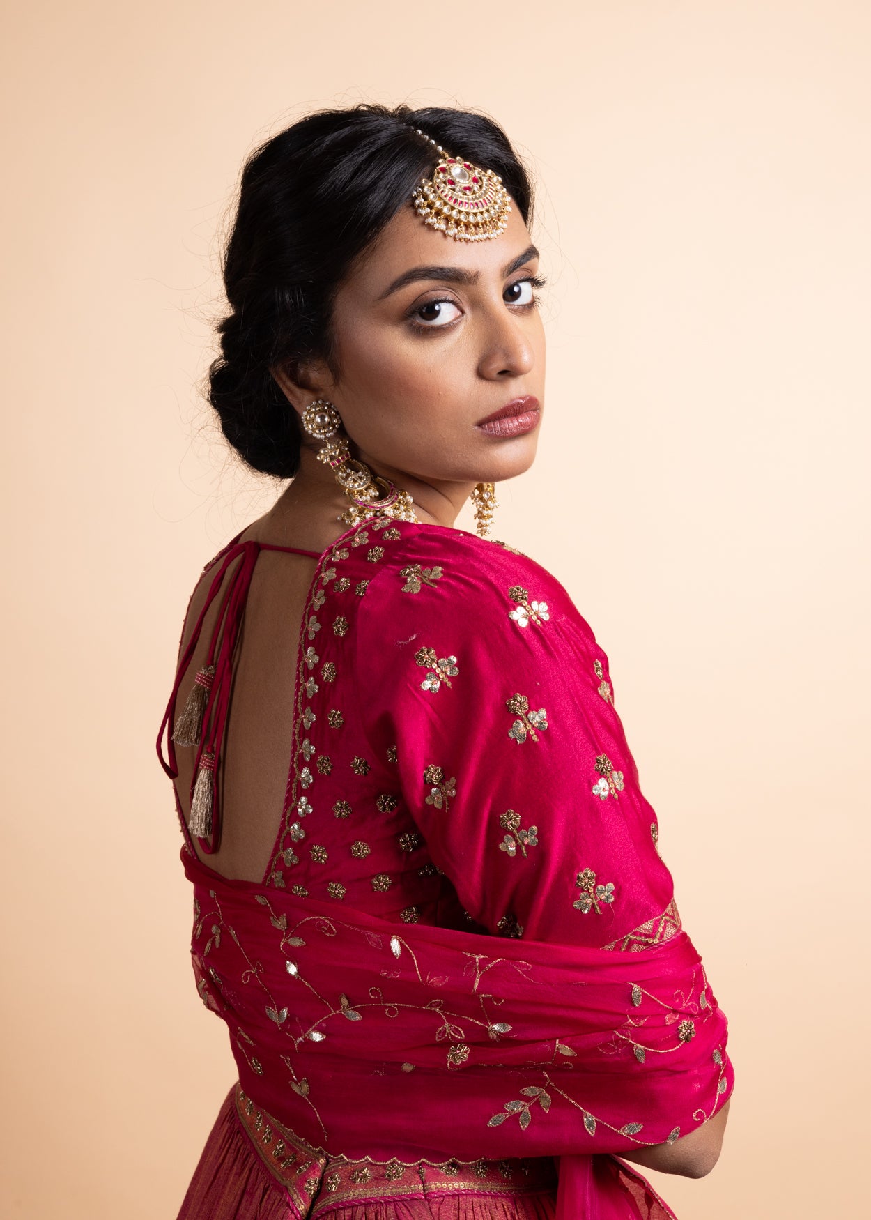 Aanya- Hot Pink Chanderi Silk Blouse and Tonal Lehenga Paired with organza silk Dupatta in Handcrafted in Ari-Zardosi Embroidery and Gota Appliques