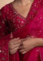 Load image into Gallery viewer, Aanya- Hot Pink Chanderi Silk Blouse and Tonal Lehenga Paired with organza silk Dupatta in Handcrafted in Ari-Zardosi Embroidery and Gota Appliques
