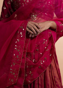 Aanya- Hot Pink Chanderi Silk Blouse and Tonal Lehenga Paired with organza silk Dupatta in Handcrafted in Ari-Zardosi Embroidery and Gota Appliques