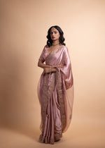 Load image into Gallery viewer, Saachi - Pink Pure Satin Saree with Organza Detailing, Adorned with Exquisite Handcrafted Ari-Zardozi Embroidery, Paired with a Satin Blouse Lined
