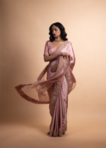 Load image into Gallery viewer, Saachi - Pink Pure Satin Saree with Organza Detailing, Adorned with Exquisite Handcrafted Ari-Zardozi Embroidery, Paired with a Satin Blouse Lined
