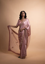 Load image into Gallery viewer, Saachi - Pink Pure Satin Saree with Organza Detailing, Adorned with Exquisite Handcrafted Ari-Zardozi Embroidery, Paired with a Satin Blouse Lined
