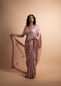 Saachi - Pink Pure Satin Saree with Organza Detailing, Adorned with Exquisite Handcrafted Ari-Zardozi Embroidery, Paired with a Satin Blouse Lined