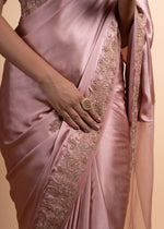 Load image into Gallery viewer, Saachi - Pink Pure Satin Saree with Organza Detailing, Adorned with Exquisite Handcrafted Ari-Zardozi Embroidery, Paired with a Satin Blouse Lined
