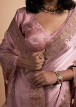 Load image into Gallery viewer, Saachi - Pink Pure Satin Saree with Organza Detailing, Adorned with Exquisite Handcrafted Ari-Zardozi Embroidery, Paired with a Satin Blouse Lined
