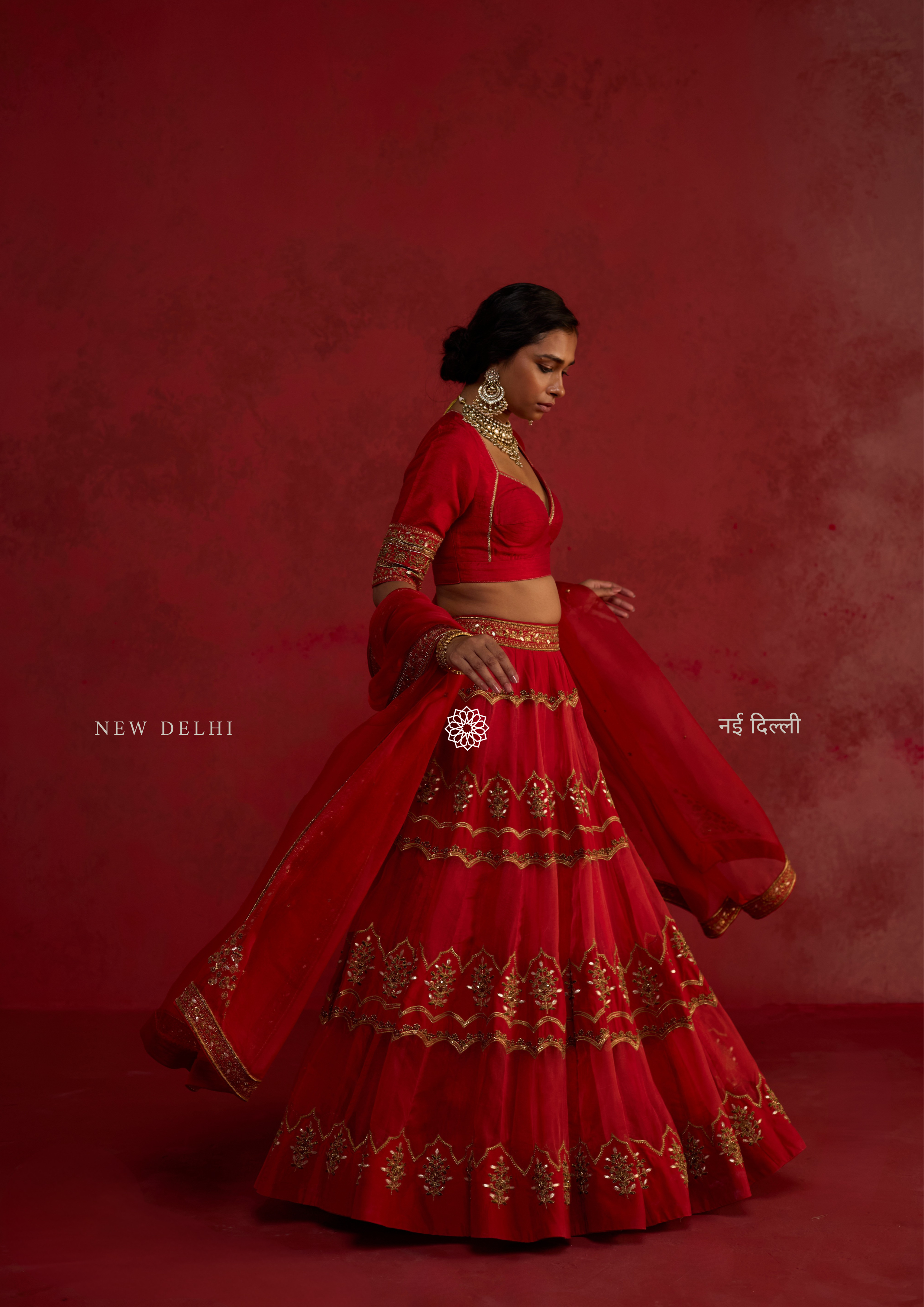 Anisa | Deep Pomme Silk Lehenga Set with Organza Dupatta