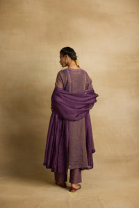 Alani - A jamun purple tissue chanderi gathered kurta paired with kota silk dupatta,  hand crafted ari and zardosi embroidery