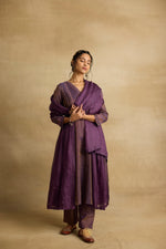 Load image into Gallery viewer, Alani - A jamun purple tissue chanderi gathered kurta paired with kota silk dupatta,  hand crafted ari and zardosi embroidery
