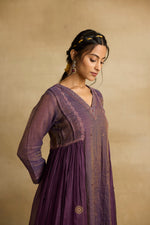 Load image into Gallery viewer, Alani - A jamun purple tissue chanderi gathered kurta paired with kota silk dupatta,  hand crafted ari and zardosi embroidery
