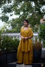 Load image into Gallery viewer, Freya – Golden yellow tissue chanderi strapped kurta and sharara paired with kota silk dupatta, hand crafted ari and zardozi embroidery
