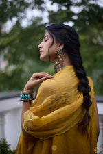 Load image into Gallery viewer, Freya – Golden yellow tissue chanderi strapped kurta and sharara paired with kota silk dupatta, hand crafted ari and zardozi embroidery
