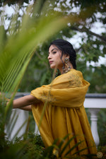 Load image into Gallery viewer, Freya – Golden yellow tissue chanderi strapped kurta and sharara paired with kota silk dupatta, hand crafted ari and zardozi embroidery
