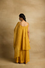 Load image into Gallery viewer, Freya – Golden yellow tissue chanderi strapped kurta and sharara paired with kota silk dupatta, hand crafted ari and zardozi embroidery
