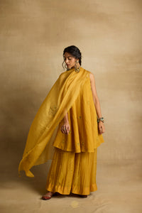 Freya – Golden yellow tissue chanderi strapped kurta and sharara paired with kota silk dupatta, hand crafted ari and zardozi embroidery