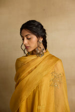 Load image into Gallery viewer, Freya – Golden yellow tissue chanderi strapped kurta and sharara paired with kota silk dupatta, hand crafted ari and zardozi embroidery
