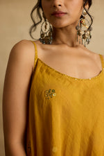 Load image into Gallery viewer, Freya – Golden yellow tissue chanderi strapped kurta and sharara paired with kota silk dupatta, hand crafted ari and zardozi embroidery
