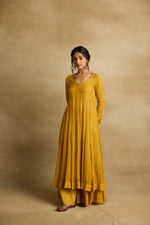 Load image into Gallery viewer, Meher – Golden yellow tissue chanderi Anarkali sharara set paired with mauve kota silk dupatta, handcrafted ari and zardozi embroidery
