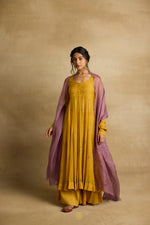 Load image into Gallery viewer, Meher – Golden yellow tissue chanderi Anarkali sharara set paired with mauve kota silk dupatta, handcrafted ari and zardozi embroidery
