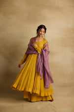 Load image into Gallery viewer, Meher – Golden yellow tissue chanderi Anarkali sharara set paired with mauve kota silk dupatta, handcrafted ari and zardozi embroidery
