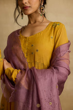 Load image into Gallery viewer, Meher – Golden yellow tissue chanderi Anarkali sharara set paired with mauve kota silk dupatta, handcrafted ari and zardozi embroidery
