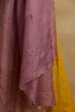 Load image into Gallery viewer, Meher – Golden yellow tissue chanderi Anarkali sharara set paired with mauve kota silk dupatta, handcrafted ari and zardozi embroidery
