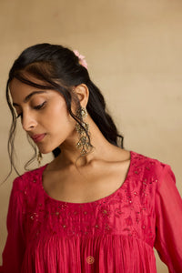 Naisha -  Hot pink mul chanderi kurta set with red kota silk dupatta