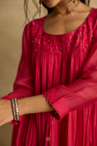 Naisha -  Hot pink mul chanderi kurta set with red kota silk dupatta