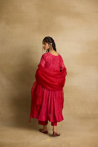 Naisha -  Hot pink mul chanderi kurta set with red kota silk dupatta