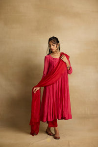 Naisha -  Hot pink mul chanderi kurta set with red kota silk dupatta