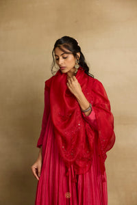 Naisha -  Hot pink mul chanderi kurta set with red kota silk dupatta