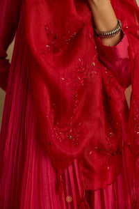 Naisha -  Hot pink mul chanderi kurta set with red kota silk dupatta