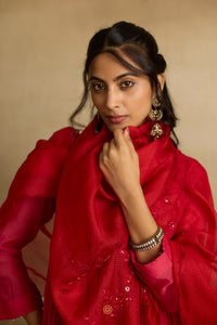 Naisha -  Hot pink mul chanderi kurta set with red kota silk dupatta