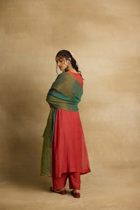 Naira - Brick rust mul chanderi kurta with salwar paired with a green kota silk dupatta