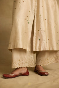 Paakhi - Almond chanderi silk A line kurta, with dual tone tissue chanderi dupatta, hand crafted ari-zardosi embroidery