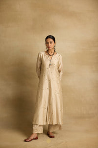 Paakhi - Almond chanderi silk A line kurta, with dual tone tissue chanderi dupatta, hand crafted ari-zardosi embroidery