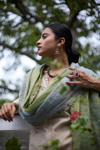 Paakhi - Almond chanderi silk A line kurta, with dual tone tissue chanderi dupatta, hand crafted ari-zardosi embroidery