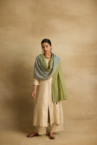 Paakhi - Almond chanderi silk A line kurta, with dual tone tissue chanderi dupatta, hand crafted ari-zardosi embroidery