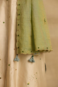 Paakhi - Almond chanderi silk A line kurta, with dual tone tissue chanderi dupatta, hand crafted ari-zardosi embroidery