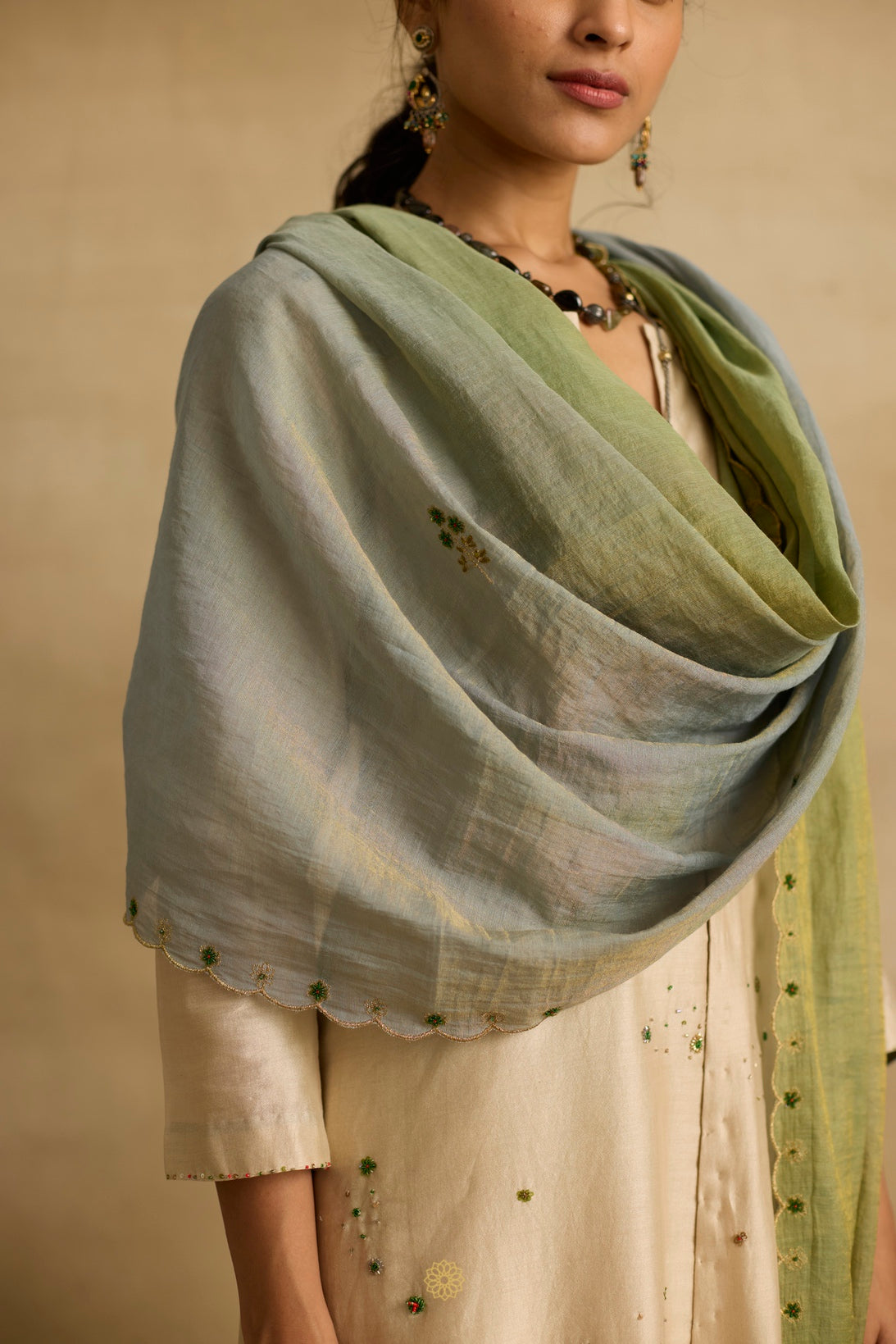 Paakhi - Almond chanderi silk A line kurta, with dual tone tissue chanderi dupatta, hand crafted ari-zardosi embroidery