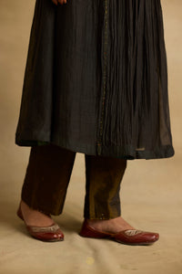 Parnika -  Charcoal mul chanderi kurta with tissue yolk, kota silk green dupatta, handcrafted ari zardozi work