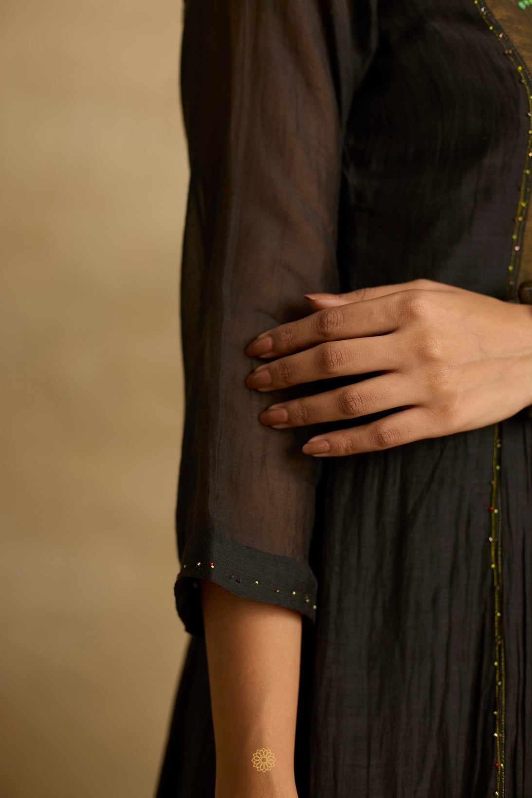 Parnika -  Charcoal mul chanderi kurta with tissue yolk, kota silk green dupatta, handcrafted ari zardozi work