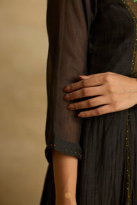 Parnika -  Charcoal mul chanderi kurta with tissue yolk, kota silk green dupatta, handcrafted ari zardozi work