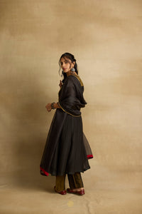 Parnika -  Charcoal mul chanderi kurta with tissue yolk, kota silk green dupatta, handcrafted ari zardozi work