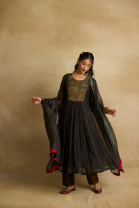 Parnika -  Charcoal mul chanderi kurta with tissue yolk, kota silk green dupatta, handcrafted ari zardozi work